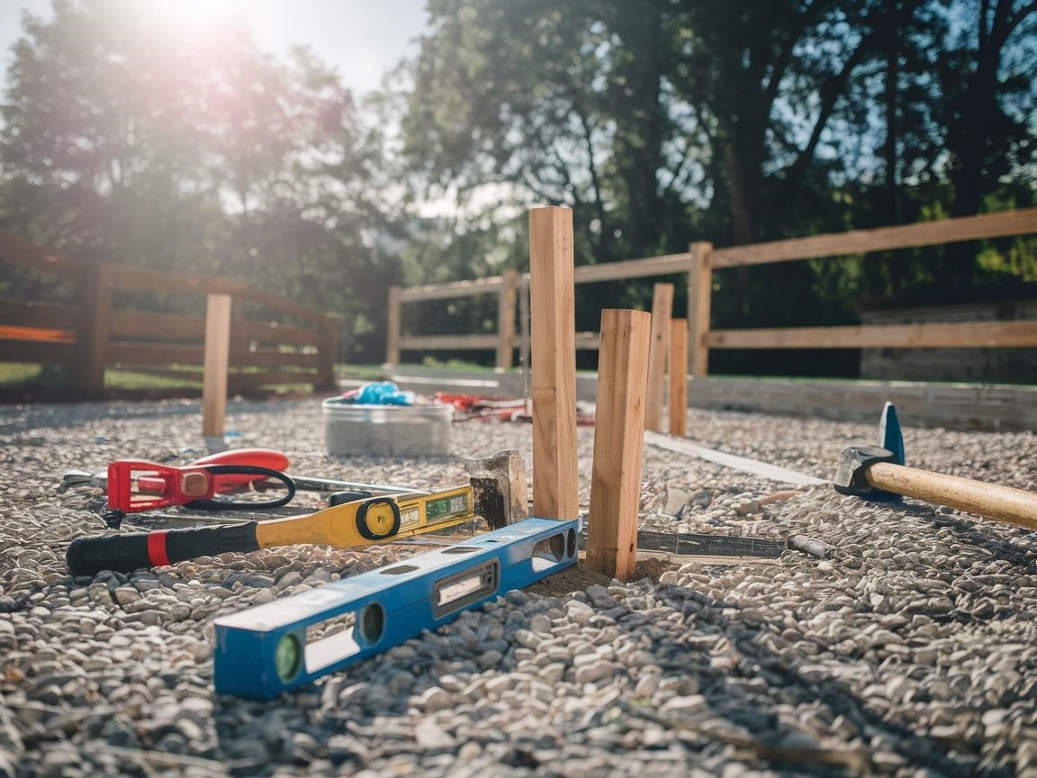 Widok na narzędzia i materiały używane podczas montażu ogrodzenia