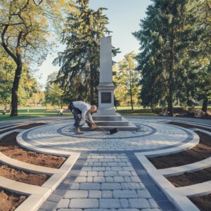 pracownik brukujący teren wokół pomnika