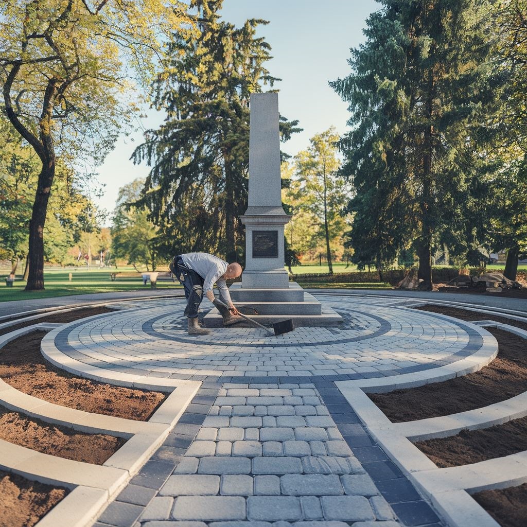 pracownik brukujący teren wokół pomnika