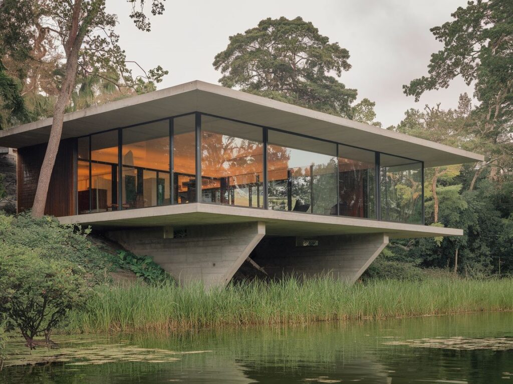 Architektura domu na wysokich betonowych fundamentach