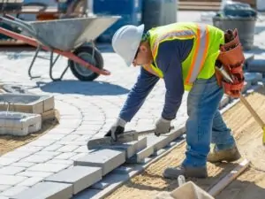 Kostka brukowa przygotowana do układania na chodniku