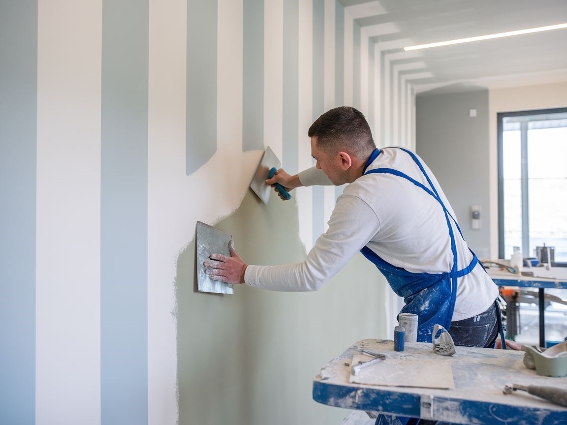 Proces aplikacji gładzi na farbę w domowym wnętrzu